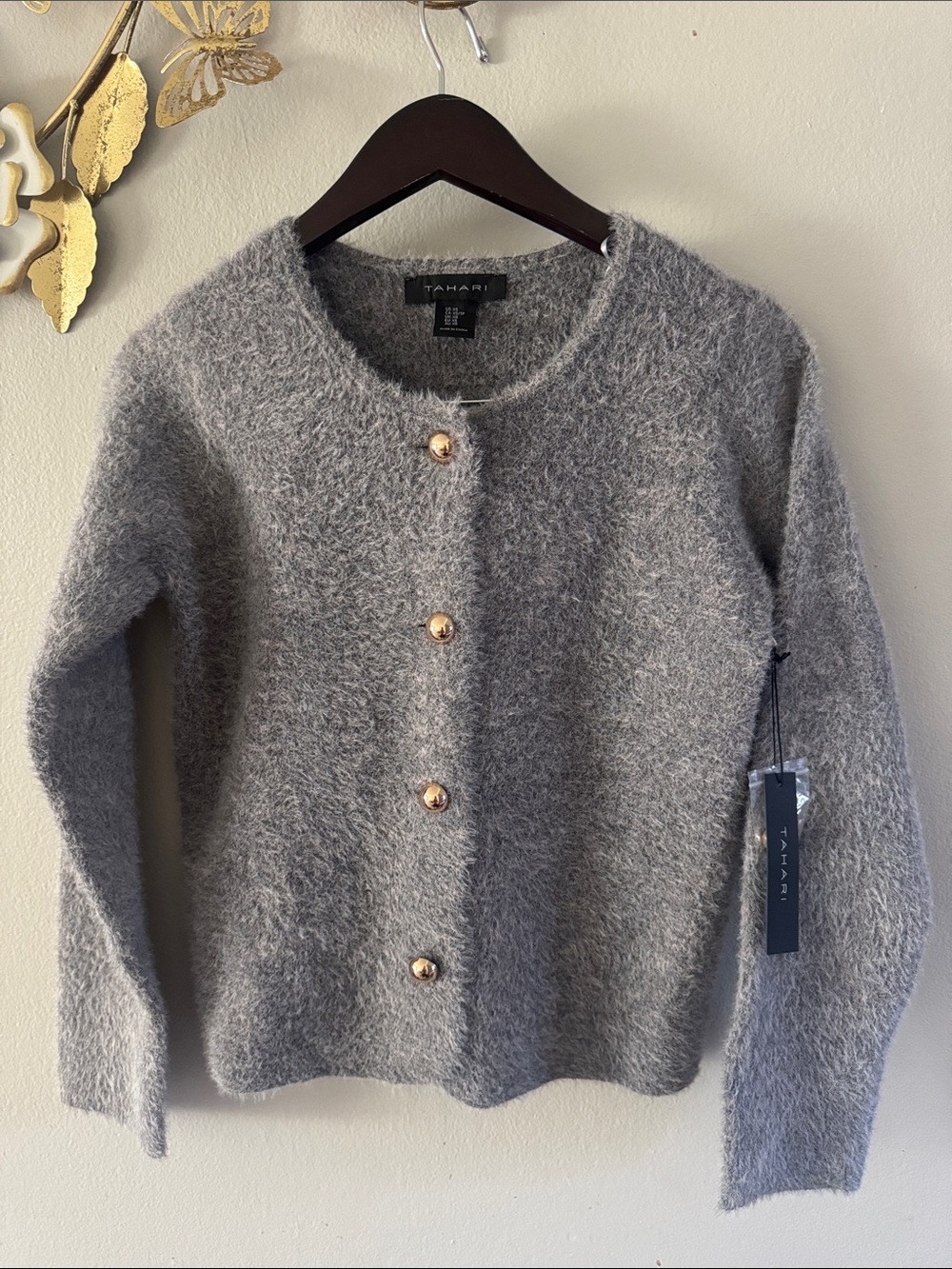 Tahari Gray Fuzzy Button-Up Cardigan with Gold Buttons